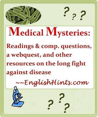 cover of the Medical Mysteries readings, worksheets, and webquest packet, with title, question marks, and pictures of bacteria & a microscope