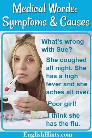 Photo of a sad woman in bed with a cup & a thermometer in her mouth. 
'What's wrong with Sue? She coughed all night. She has a high fever & she aches all over. Poor girl! I think she has the flu.