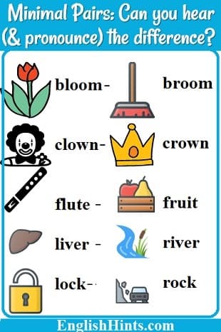 Pictures of some minimal pairs for L & R: bloom- broom, clown- crown, flute- fruit, liver- river, & lock-  rock.