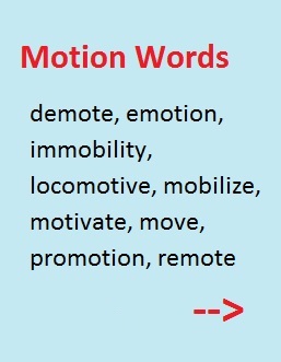 Motion words (from the root movere)-- including demote, emotion, immobility, locamotive, mobilize, motivate, move, promotion, and remote