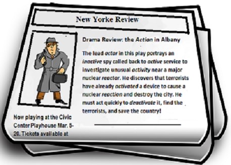 newspaper with a drama review using many forms of the word 'act.'