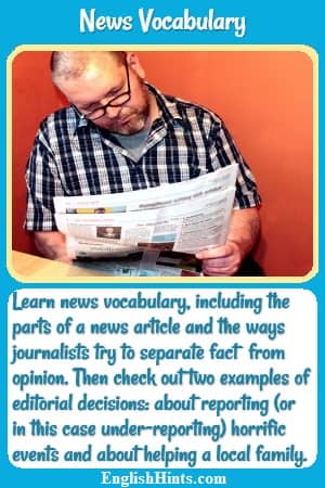 Man reading a newspaper. Text: Learn news vocabulary including the parts of a news article & the ways journalists try to separate fact from opinion. Then check out 2 examples of editorial decisions.