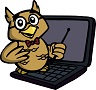 EnglishHints owl logo-- a teaching owl with glasses and a pointer sitting on a laptop computer