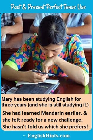 Woman in a bright blouse studying in class. Text: Mary has been studying English for three years... She had learned Mandarin earlier, & she felt ready for a new challenge...