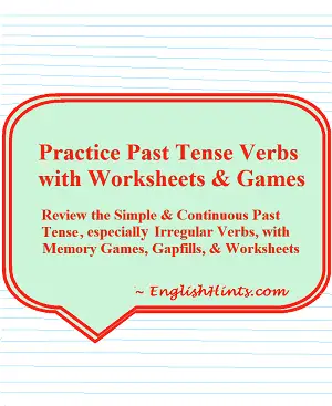 title & description of the packet on a green background over lined paper ('Review the simple & continuous past tense, especially irregular verbs, with memory games, gap fills, & worksheets.')