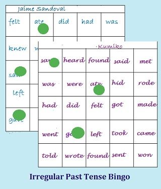 Irregular past tense bingo sheets and markers-- an example of an ESL classroom game.
