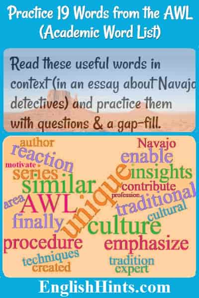 Photo of the Arizona desert: 'Read these useful words in context (in an essay about Navajo detectives) & practice them with questions & a gap-fill.' (Then a word cloud with the words)