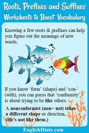 Image: 4 fish with one swimming in the opposite direction. 
‘Form’= shape & ‘con’= with,  so conformity is trying to be like others.
A nonconformist takes a different shape or direction.