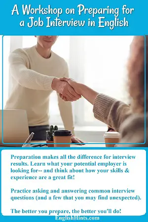 Q man shaking hands with a woman in a suit over an interview table. Text starts: 'Preparation makes all the difference for interview results...'