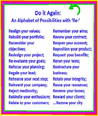 alphabetical listing of business phrases starting with the prefix 're'  ("realign your values", etc.)