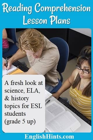 photo of 2 students reading (& one also writing) with text: A fresh look at science, ELA, & history topics for ESL students (grade 5 up)