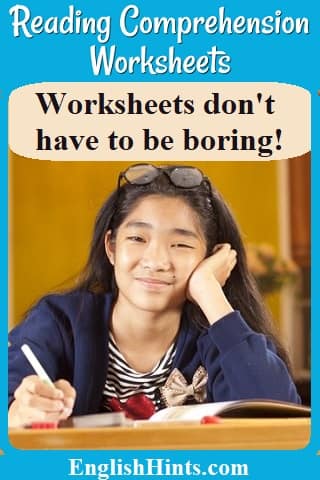 Reading Comprehension Worksheets

Photo of a smiling girl completing a worksheet, with the text: 'Worksheets don't have to be boring!'