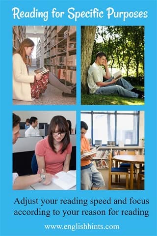 4 photos of people reading for different purposes: a woman sitting between library shelves; a man under a tree, a woman & her helper in a classroom, & another man leaning against a library wall.