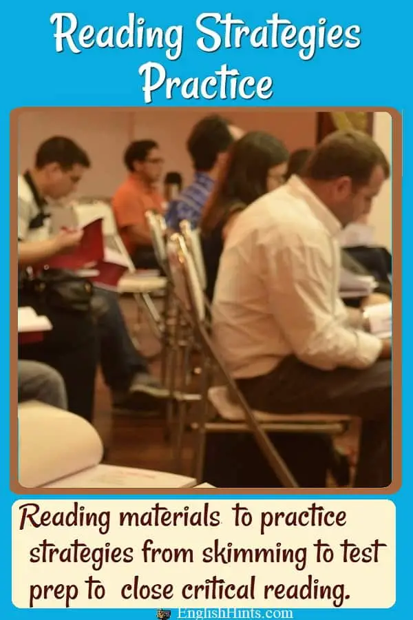 Picture of adult students reading in a classroom, with the text 'reading materials to practice strategies from skimming to test prep to close critical reading.'