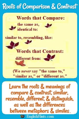 Words that compare or contrast illustrated with leaves of different sizes or colors, + 'Learn the roots & meanings of compare, contrast, similar, resemble, different, distinguish,' etc.