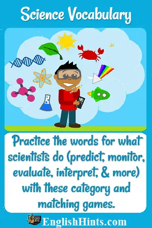 Picture of a young scientist with notebook surrounded by symbols of the sciences. 'Practice (science) words (predict, monitor, evaluate, interpret, & more) with these category & matching games.'