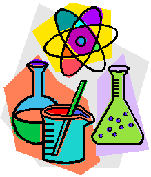 symbols of science: an atom, a beaker, and 2 bottles of liquids