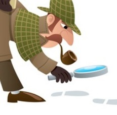 Sherlock Holmes with a magnifying glass following tracks