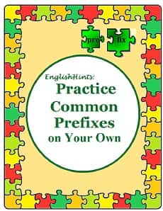 Circled title surrounded by a border of green, yellow, orange, and red puzzle pieces, with the word 'prefix' spelled out on puzzle pieces. The page background is orange-yellow.