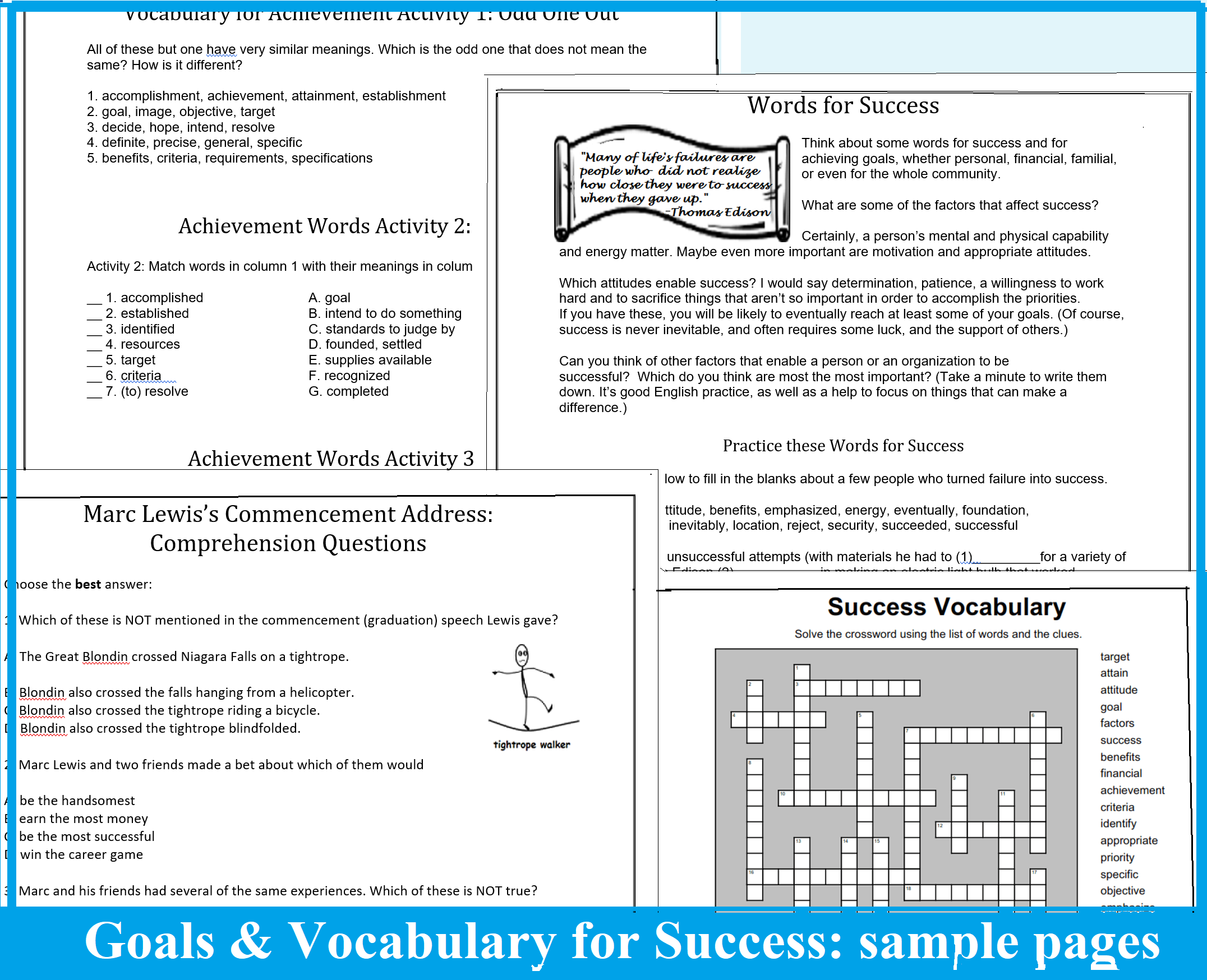 some sample pages from Goals & Vocabulary for Success