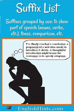 'Suffixes grouped by use to show part of speech… tense, comparison, etc.' Picture of the Thinker: 'I've finally reached a conclusion...' (All suffixes in his thought are underlined.)