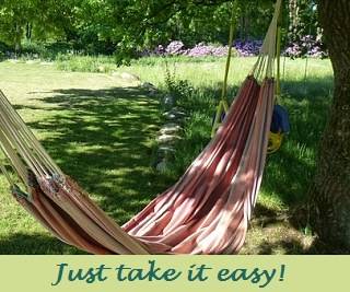 picture of a hammock with a caption "Just take it easy!"