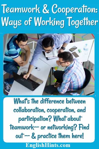 Photo of 3 young men working together Text: What's the difference between collaboration, cooperation, and participation? What about teamwork-- or networking? Find out-- & practice them here!