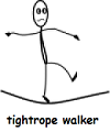 a drawing of a man walkiing on a tightrope.