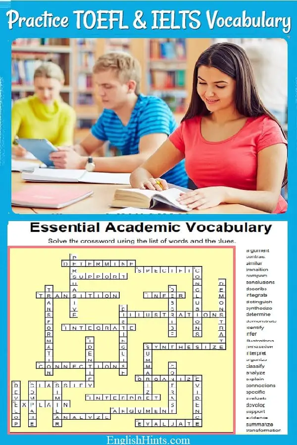Picture of students in a library with a crossword puzzle using examples of TOEFL & IELTS vocabulary: determine, persuasive, transition, infer,  etc.