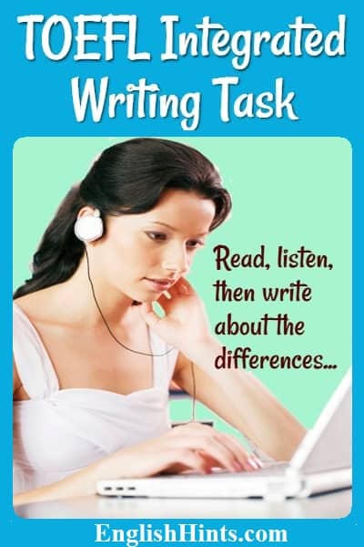 Photo of a young woman wearing earphones and using a computer.
text: 'Read, listen, then write about the differences...'