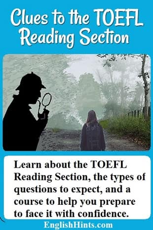 Image: a Sherlock-like detective inspects a scene: a girl on a foggy road. Text: 'Learn about the TOEFL Reading Test, the types of questions to expect, & a course to help you face it with confidence.'