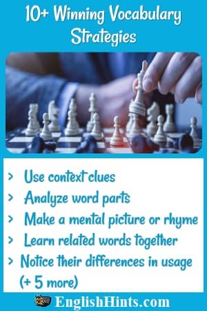 Photo of a chess player, with vocabulary strategies list:
> Use context clues
> Analyze word parts 
> Make a mental picture... 
> Learn related words together
> Notice their differences in usage
+