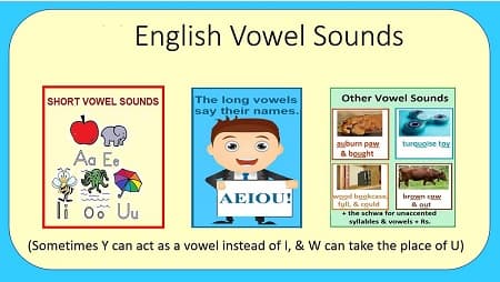 Pictures of 3 kinds of vowel sounds: short (a box with an apple, elephant, insect, octopus, & umbrella), long (text: 'The long vowels say their names: AEIOU') & other (a paw, toy, bookcase, & cow.)