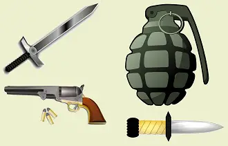 illustrations of weapons: a sword, a pistol (handgun), a grenade, and a knife