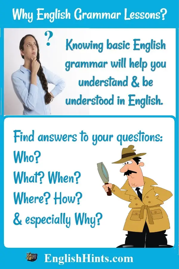 Images:  questioning lady & detective. Text: Knowing basic English grammar will help you understand & be understood in English. 'Find answers to your questions: Who, what, when, where, how, &... why?'