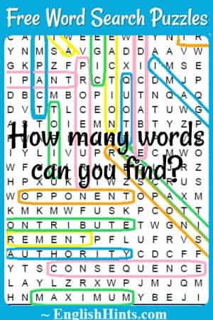 Picture of part of a word search puzzle with words running horizontally, vertically, and diagonally circled with different colors.
Text: 'How many words can you find?'